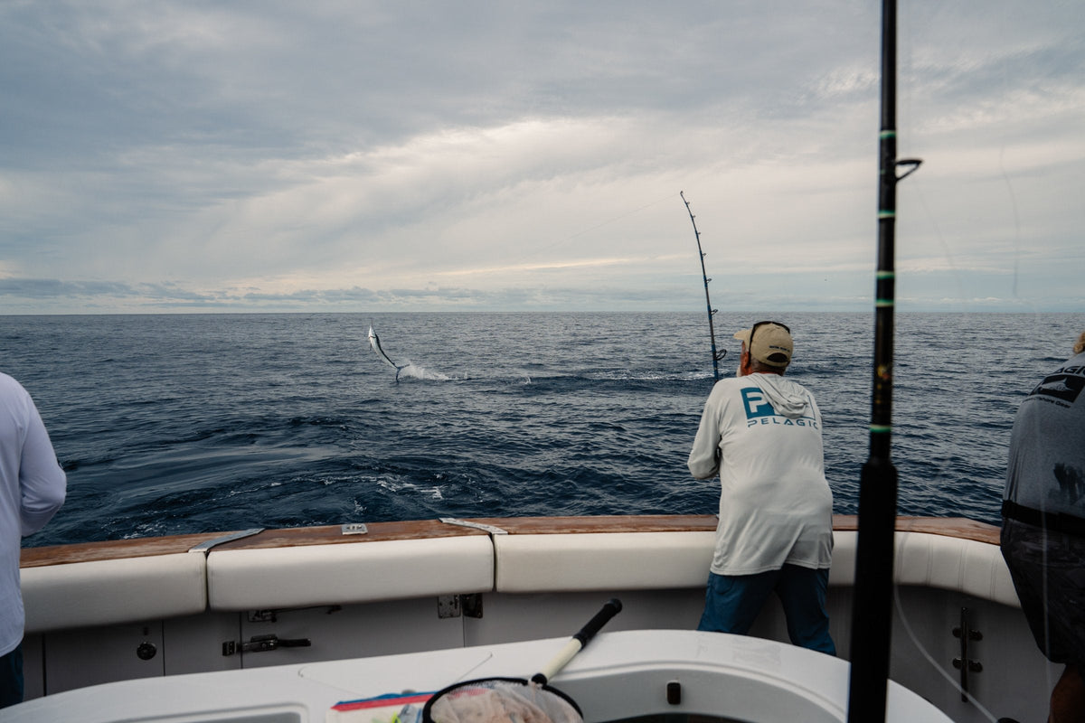 A marlin jumps behind a sportfishing boat as an angler in a Pelagic shirt holds the rod