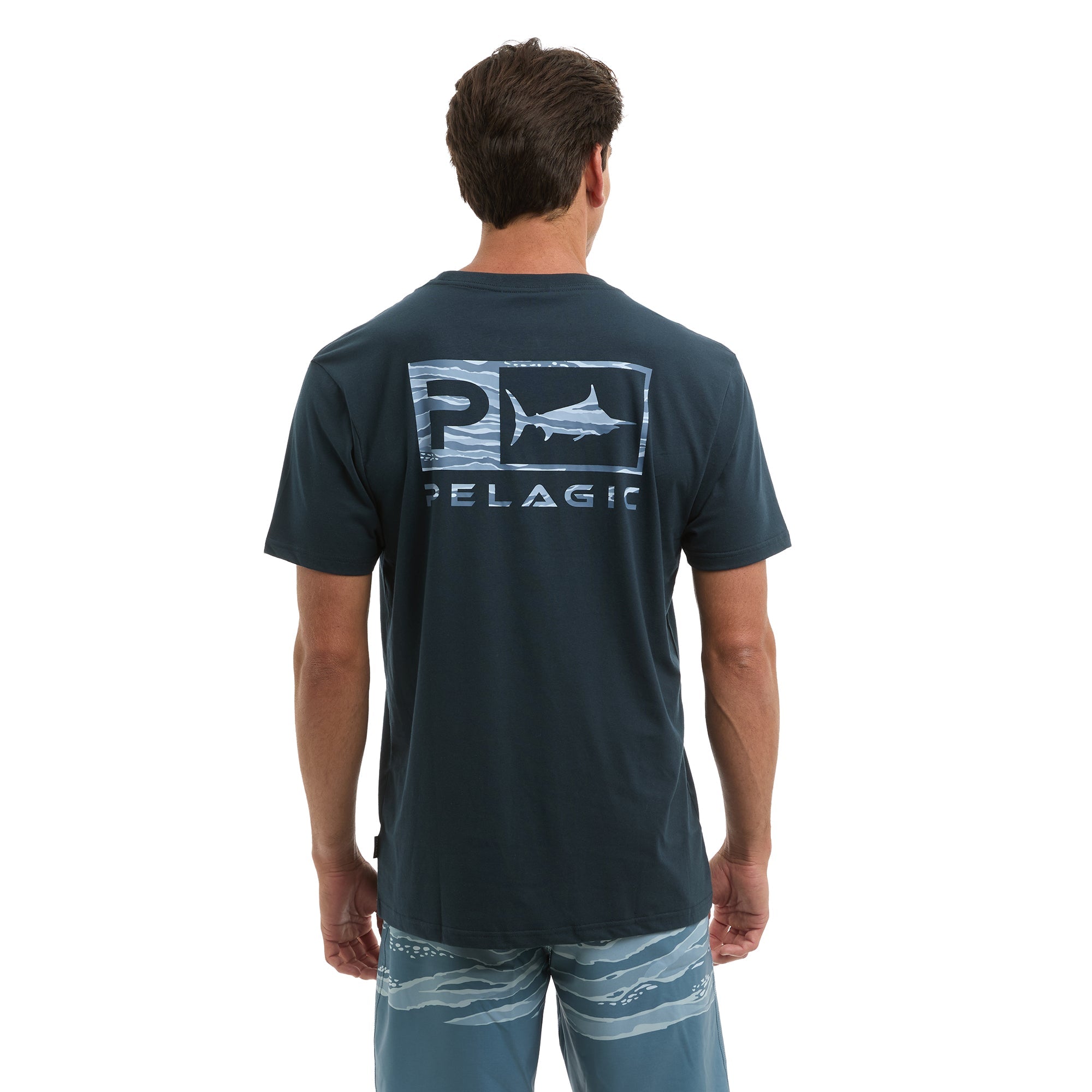 Pelagic Wahoo Icon premium tee, dark navy – lifestyle
